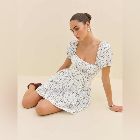 NEW Reformation Marielle Puff Sleeve Mini Sundress Hanna Blue Floral | size 2 - Picture 3 of 13